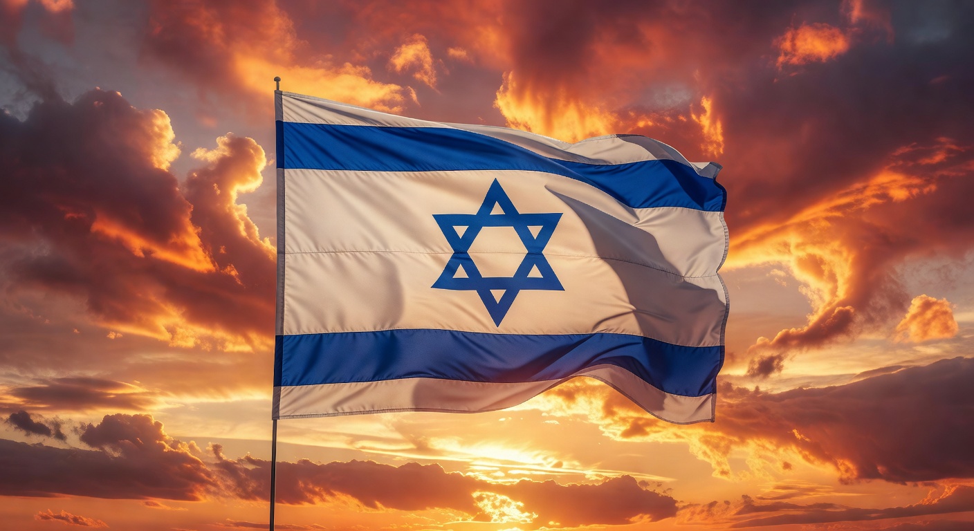 The flag of Israel waving against a golden sunset
