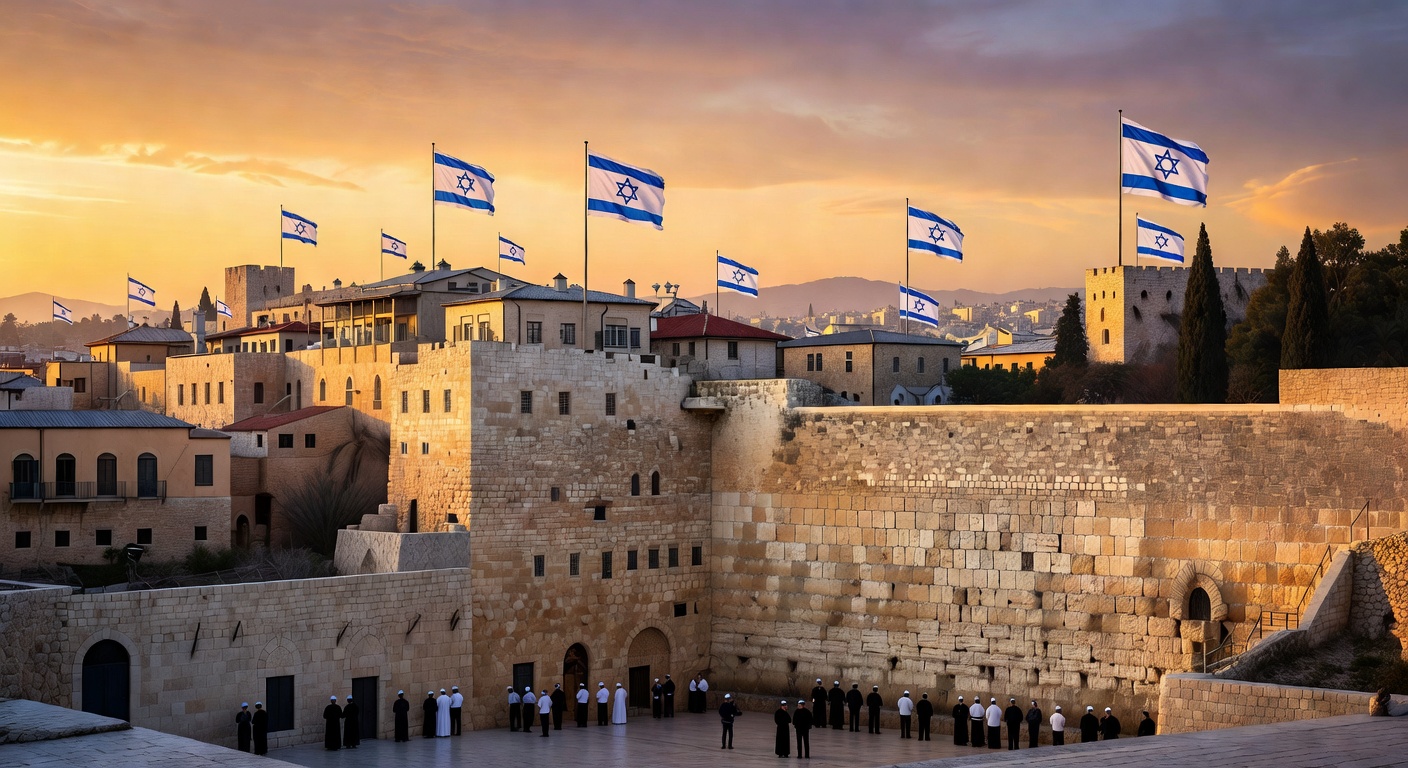 The Western Wall in Jerusalem at golden hour, flags of Israel flying