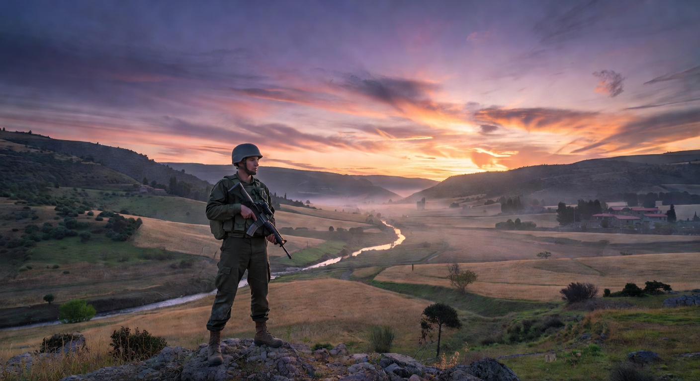 An IDF soldier keeping watch over a valley at dusk