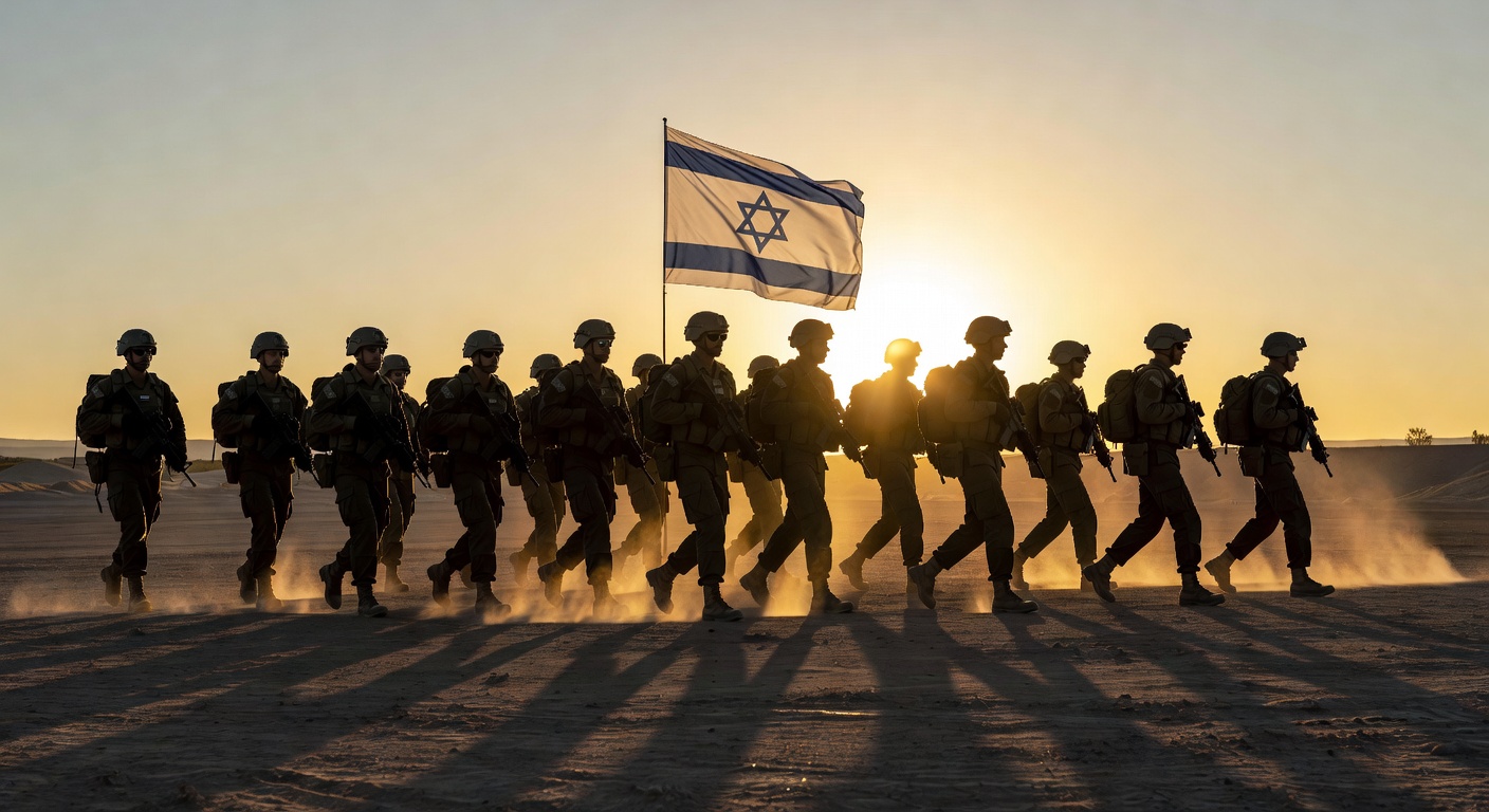 A column of IDF soldiers marching across the desert at dawn, carrying the flag of Israel