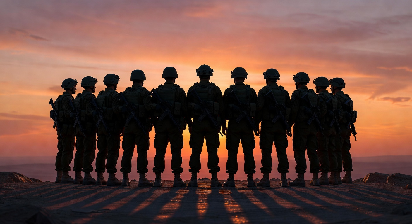 IDF soldiers standing together in silhouette at dawn